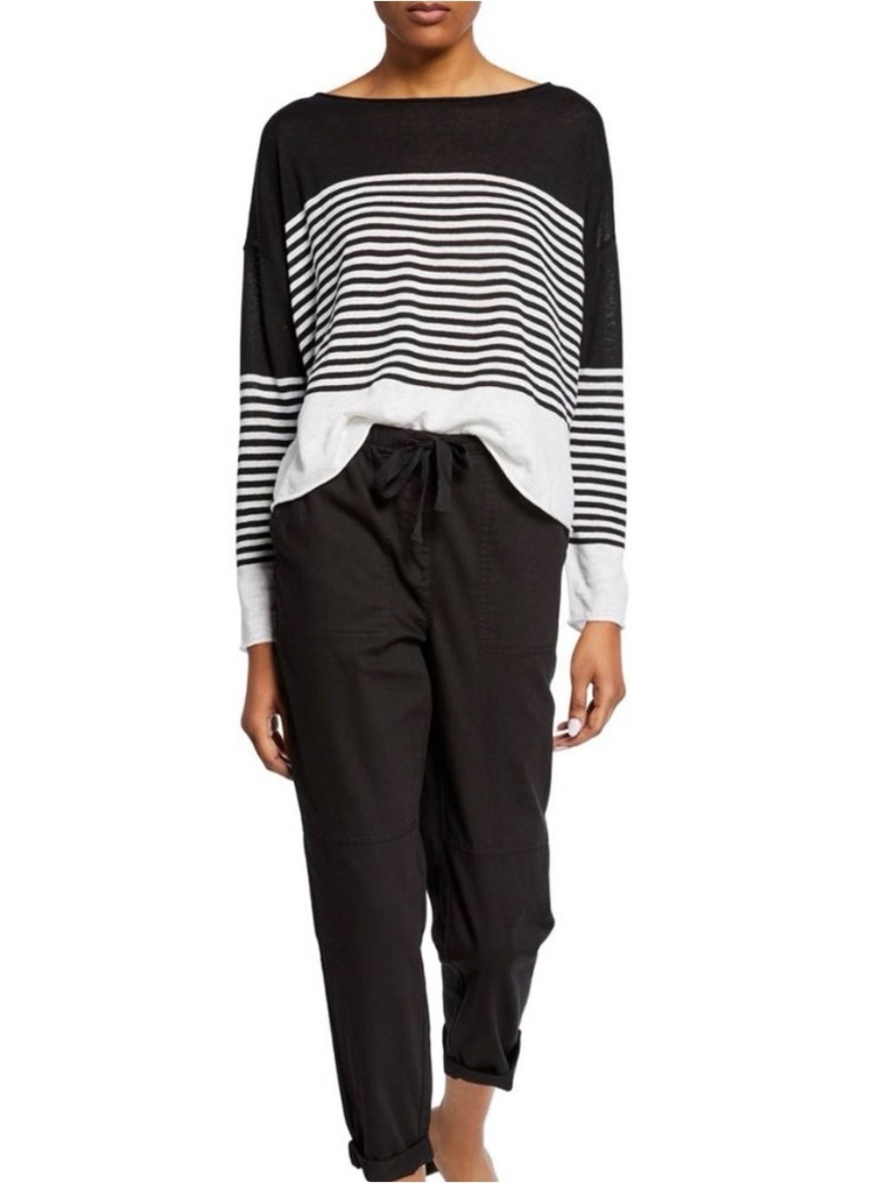 Eileen Fisher iconic linen blend boxy top classic stripes color-block details L